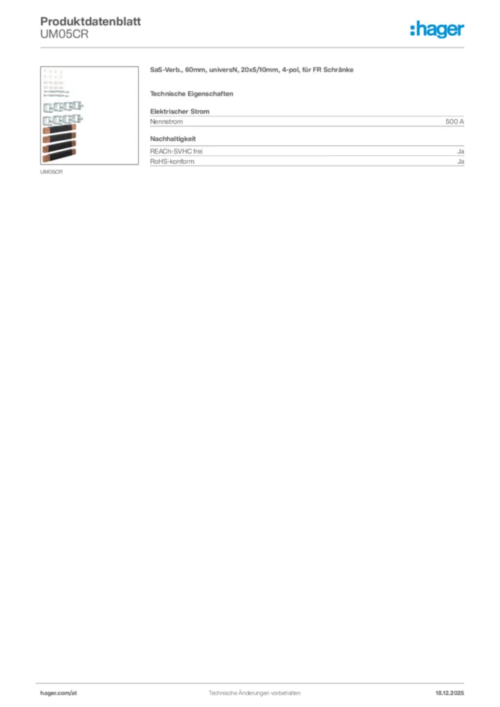 Bild Hager Produktdatenblatt UM05CR | Hager Deutschland