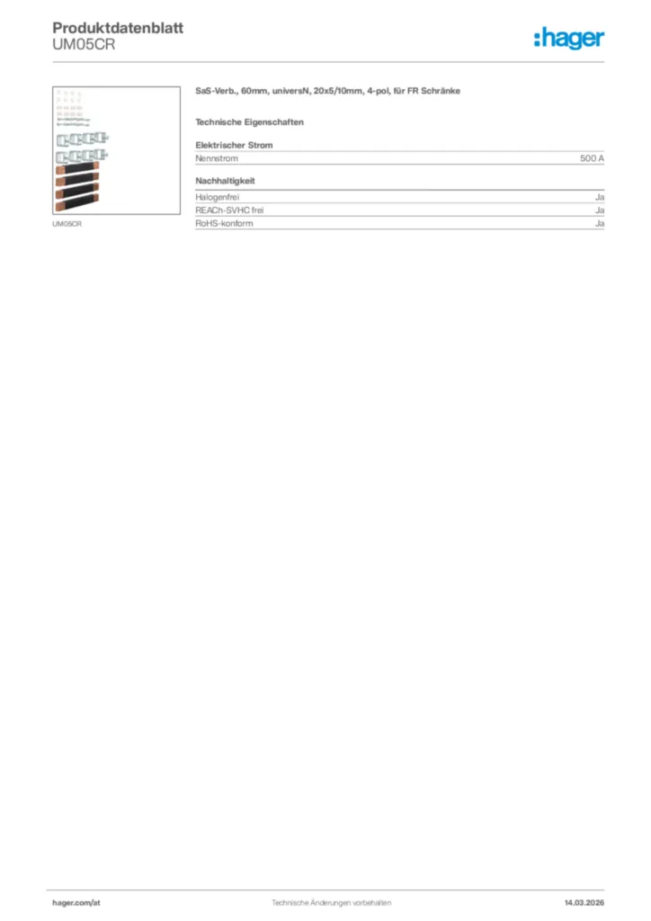 Bild Hager Produktdatenblatt UM05CR | Hager Deutschland