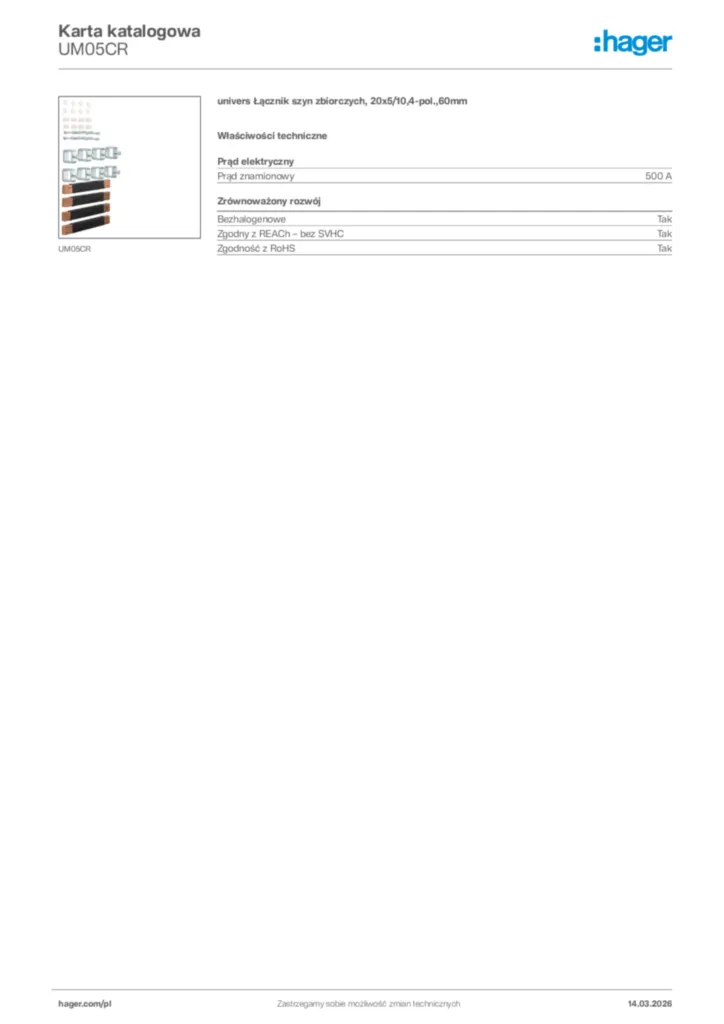 Zdjęcie Hager Karta katalogowa UM05CR | Hager Polska