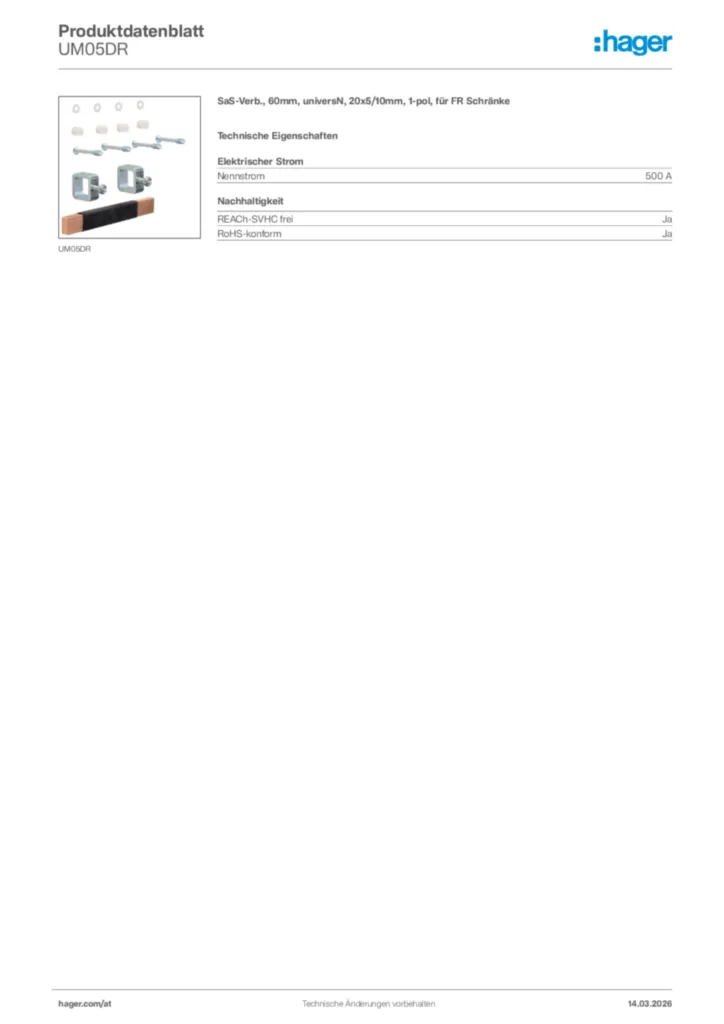Bild Hager Produktdatenblatt UM05DR | Hager Deutschland