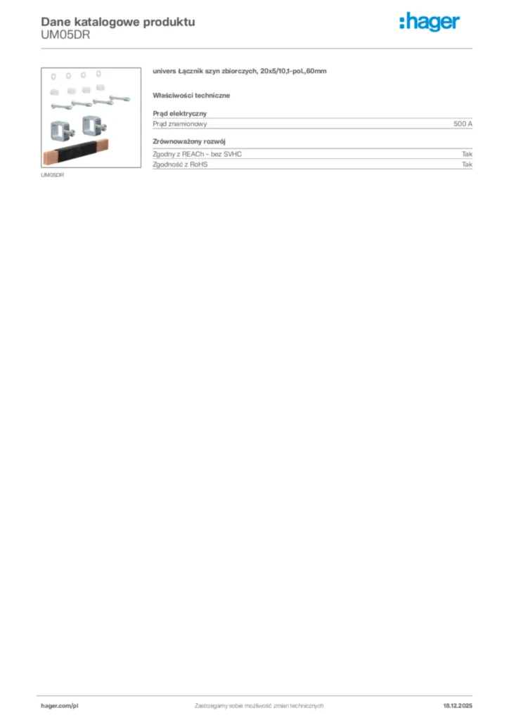 Zdjęcie Hager Karta katalogowa UM05DR | Hager Polska