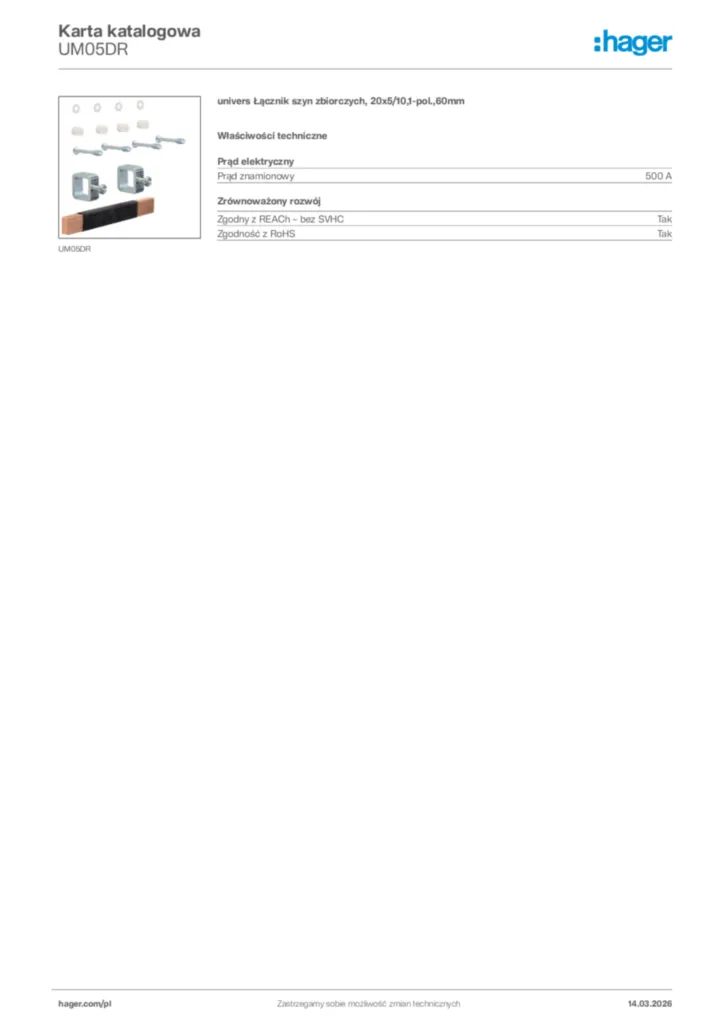 Zdjęcie Hager Karta katalogowa UM05DR | Hager Polska