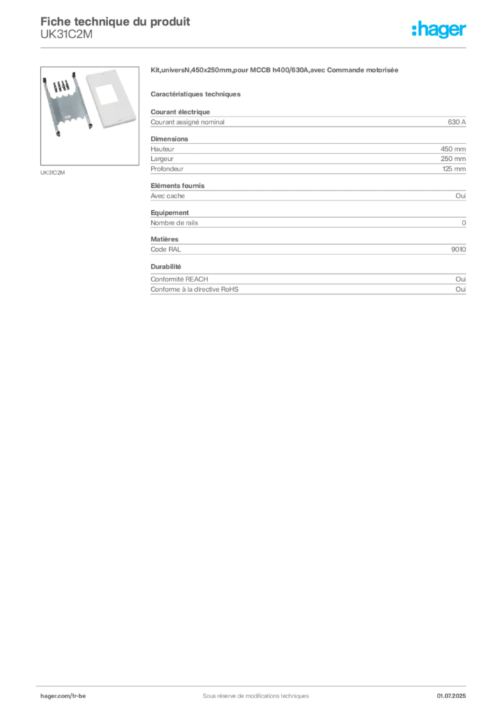 Image Hager Fiche technique du produit UK31C2M | Hager Belgique