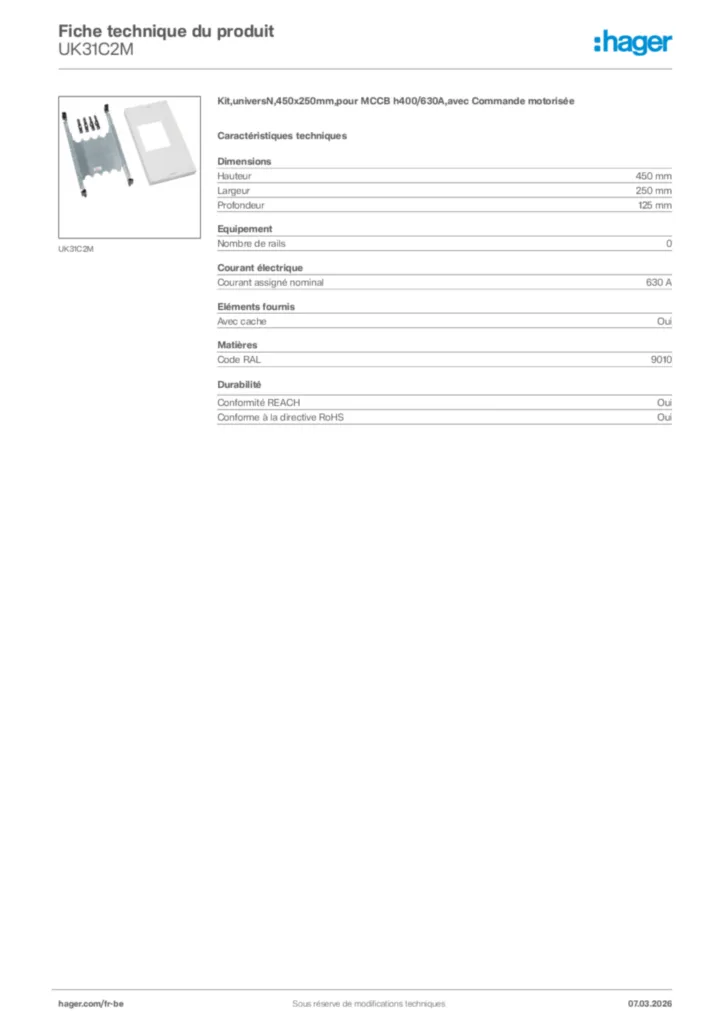 Image Hager Fiche technique du produit UK31C2M | Hager Belgique