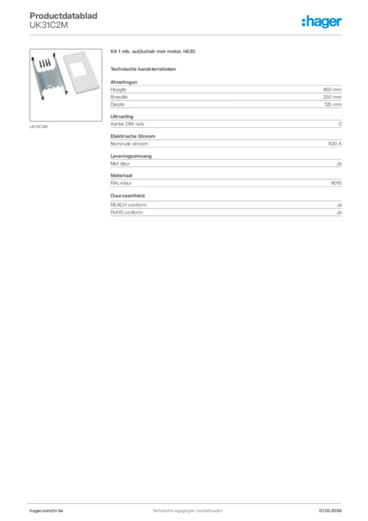 Afbeelding Hager Productdatablad UK31C2M | Hager Belgium