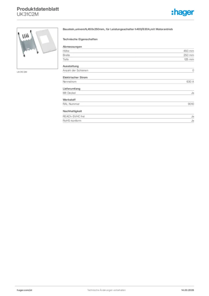 Bild Hager Produktdatenblatt UK31C2M | Hager Deutschland