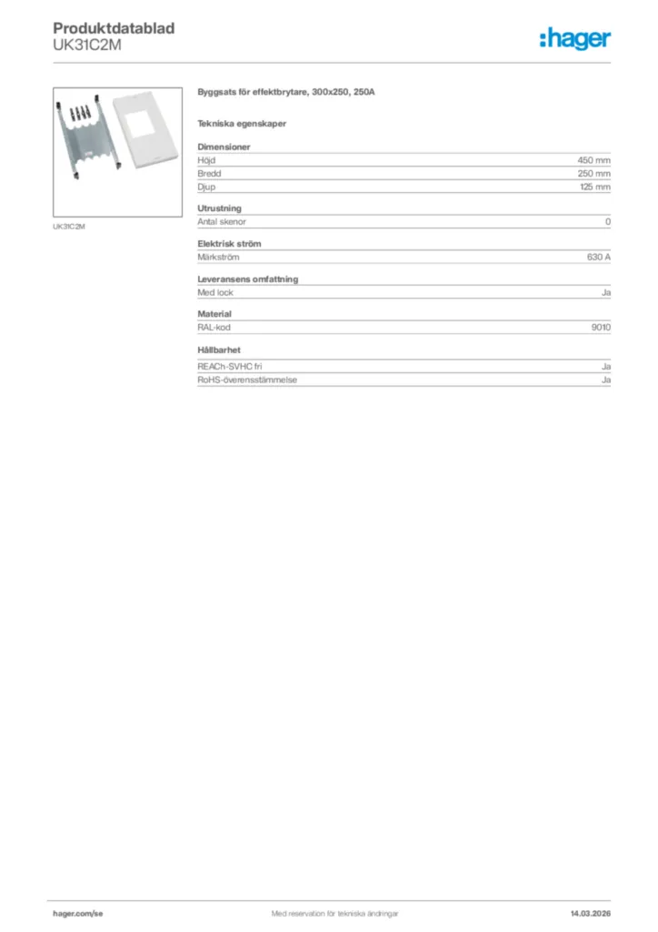 Bild Hager Produktdatablad UK31C2M | Hager Sverige