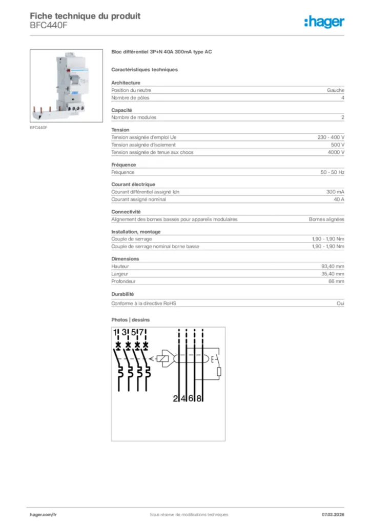 Image Hager Fiche technique du produit BFC440F | Hager France