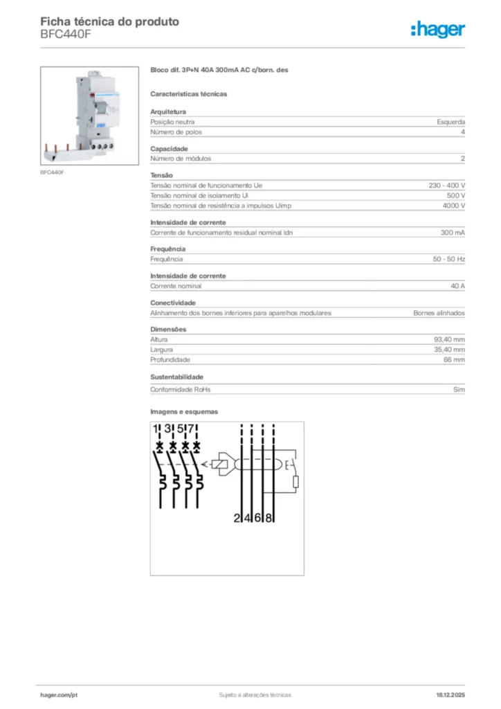 Imagem Hager Ficha técnica do produto BFC440F | Hager Portugal