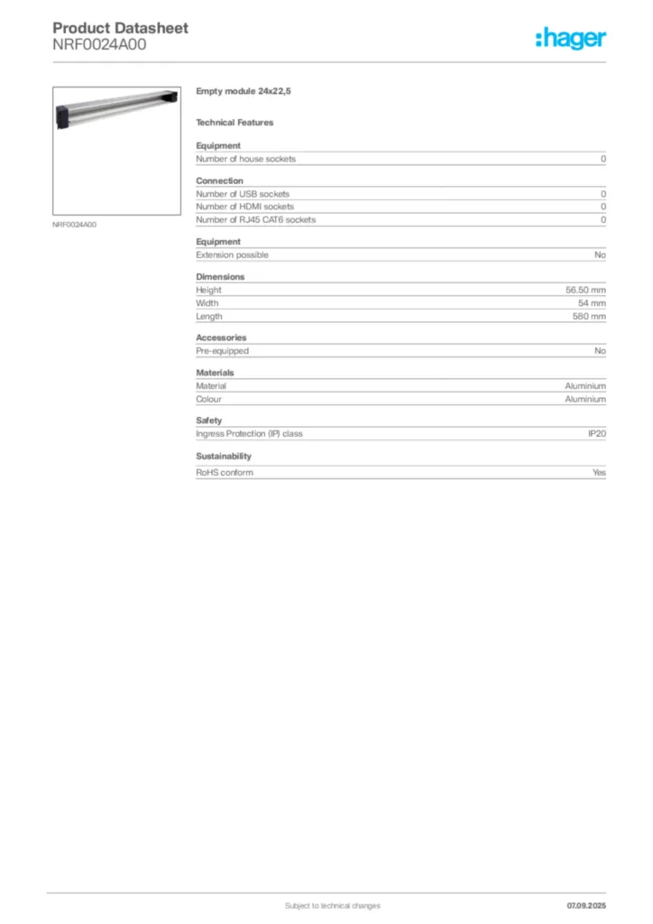 Image Hager Product data sheet NRF0024A00  | Hager Africa
