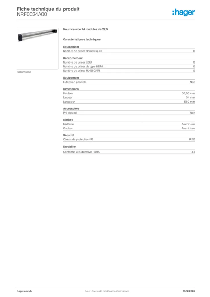 Image Hager Fiche technique du produit NRF0024A00 | Hager France