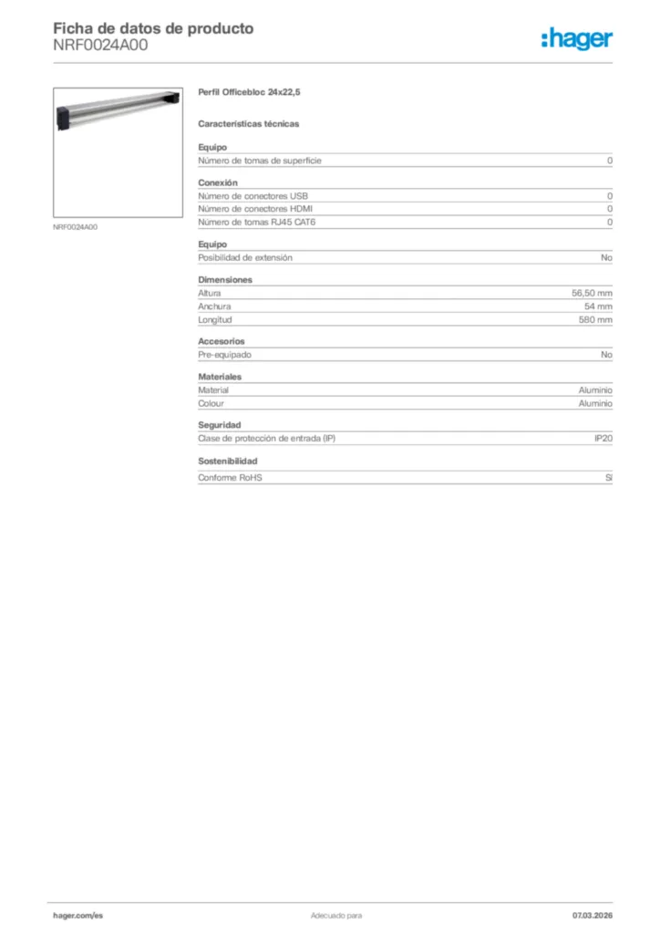Imagen Hager Ficha de datos de producto NRF0024A00 | Hager España