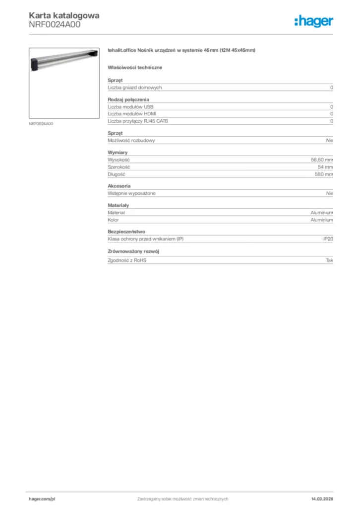 Zdjęcie Hager Karta katalogowa NRF0024A00 | Hager Polska