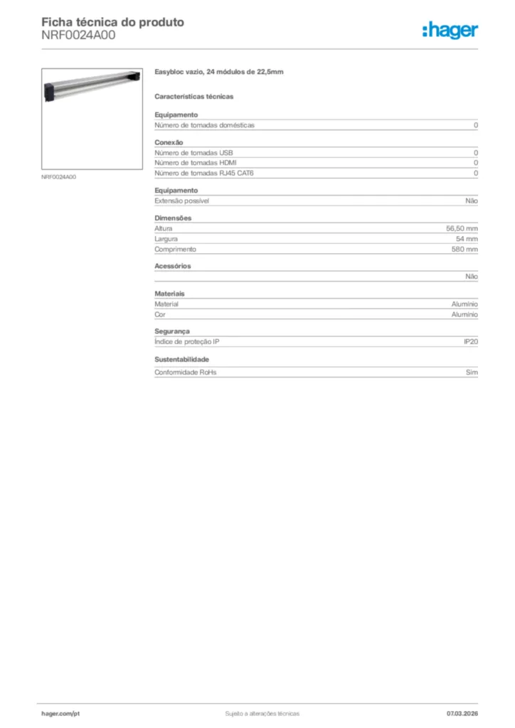 Imagem Hager Ficha técnica do produto NRF0024A00 | Hager Portugal