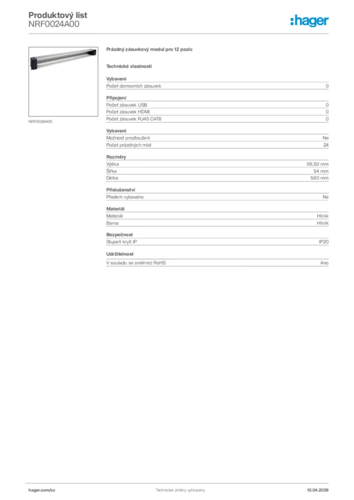 Obrázek Hager Product data sheet NRF0024A00 | Hager