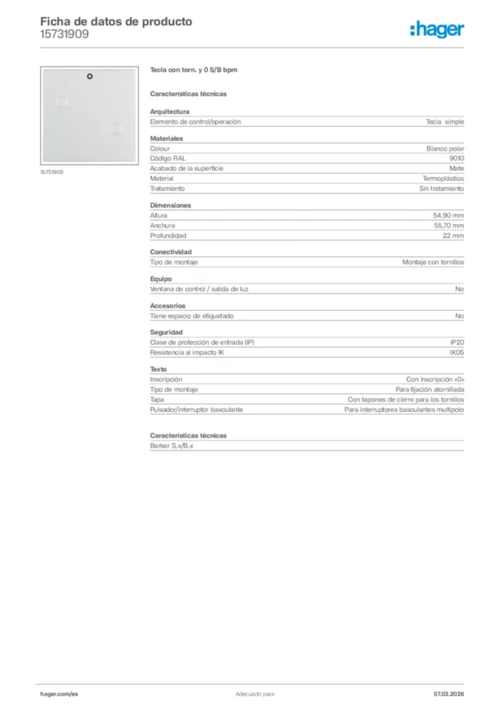 Imagen Hager Ficha de datos de producto 15731909 | Hager España