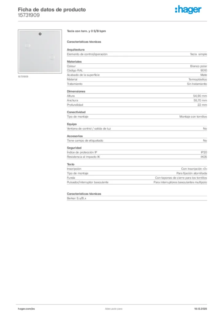 Imagen Hager Ficha de datos de producto 15731909 | Hager España