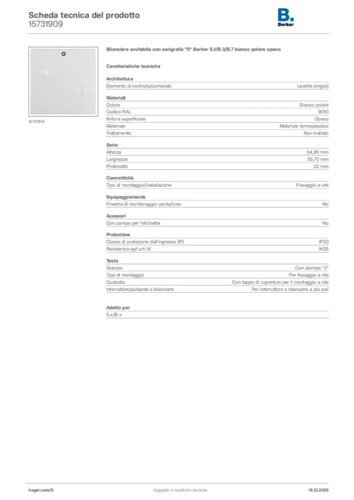 Immagine Berker Scheda tecnica del prodotto 15731909 | Hager Italia