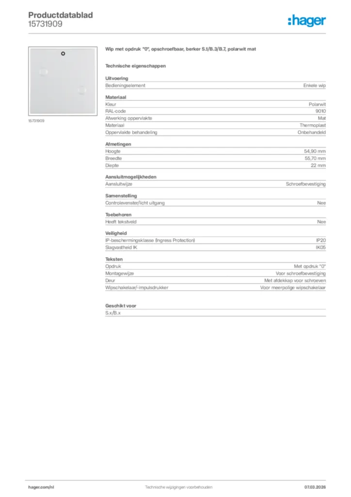 Afbeelding Hager Productdatablad 15731909 | Hager Nederland