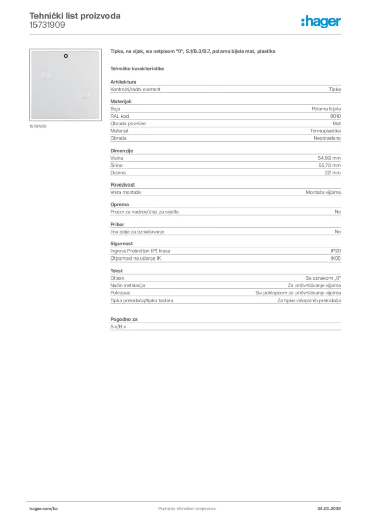 Slika Hager Tehnički list proizvoda 15731909  | Hager