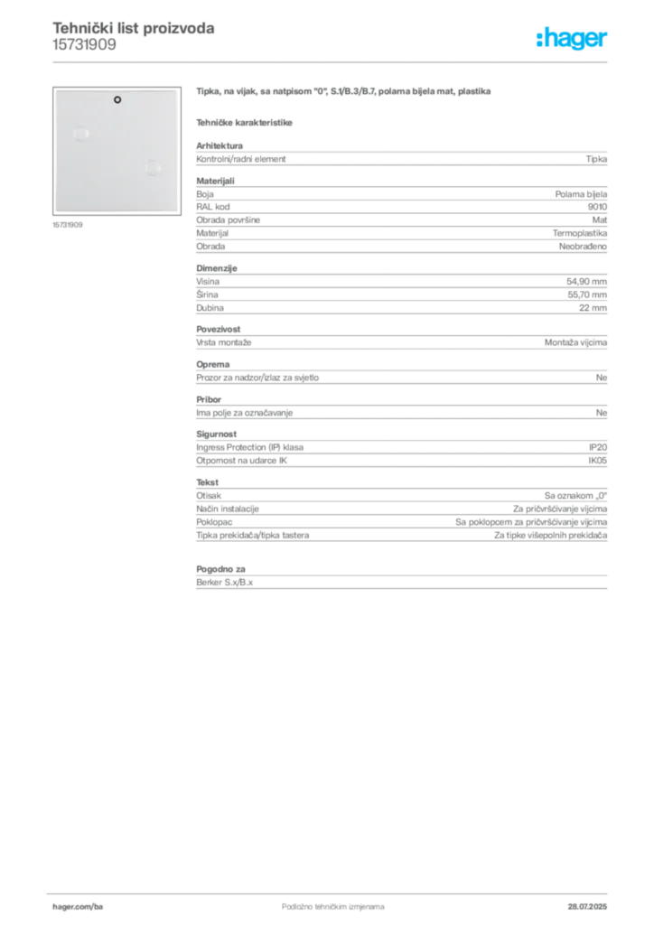 Slika Hager Product data sheet 15731909  | Hager
