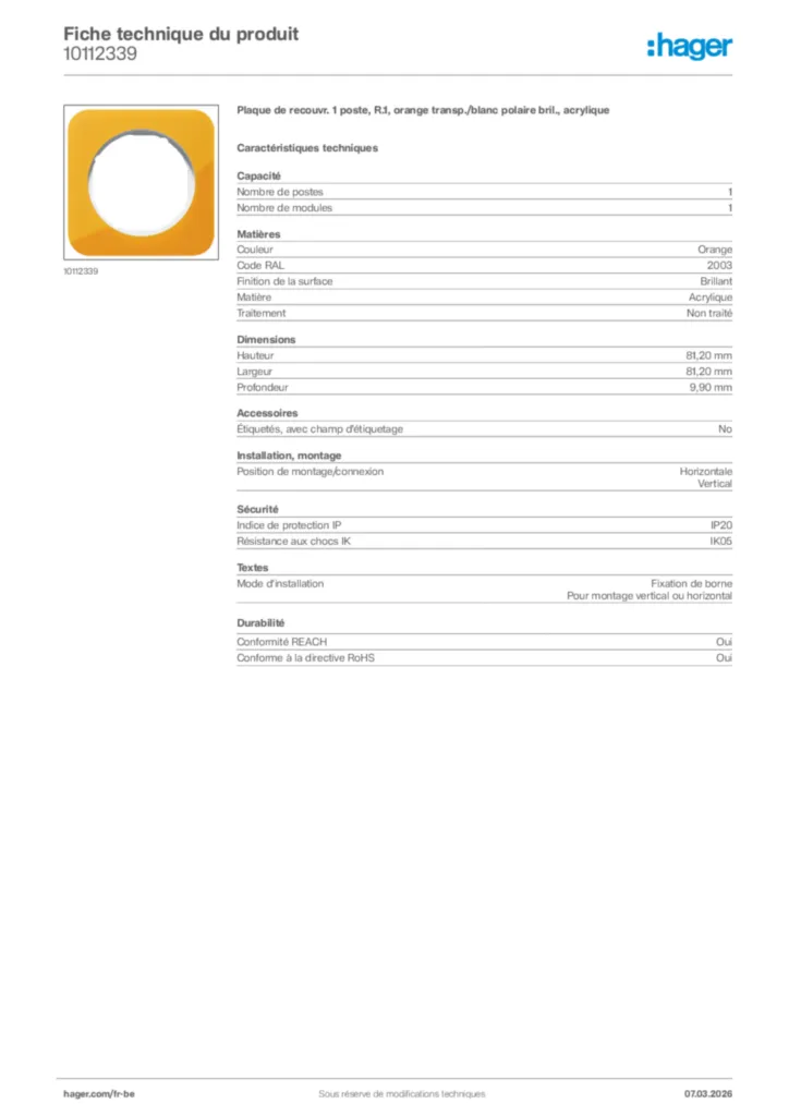Image Hager Fiche technique du produit 10112339 | Hager Belgique