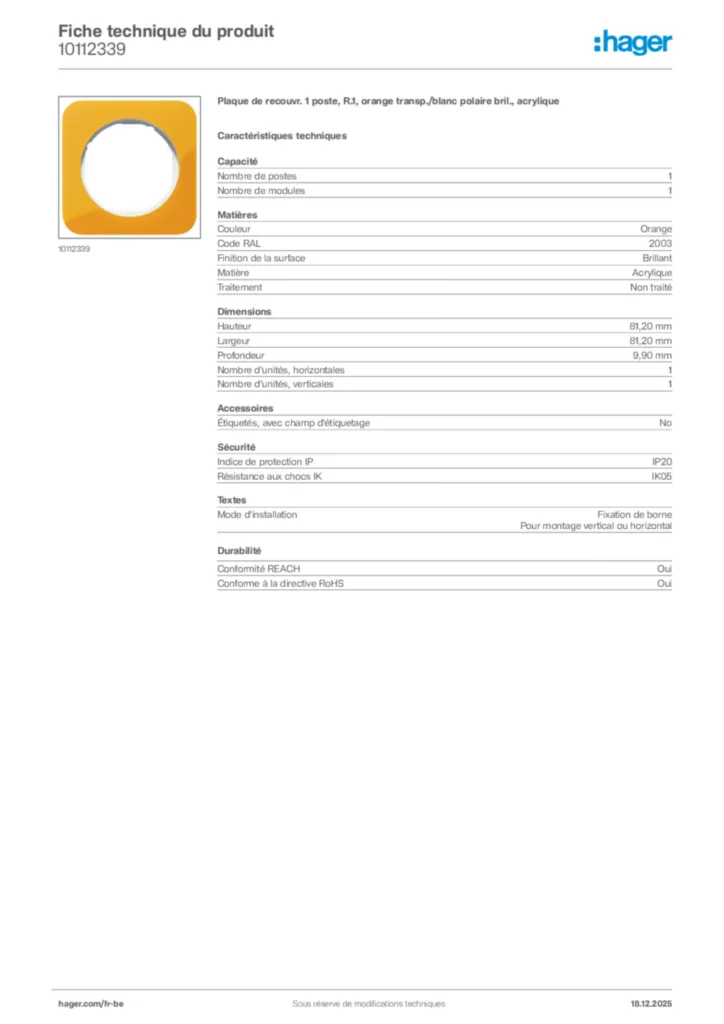 Image Hager Fiche technique du produit 10112339 | Hager Belgique