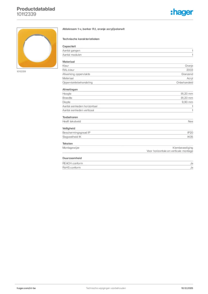 Afbeelding Hager Productdatablad 10112339 | Hager Belgium