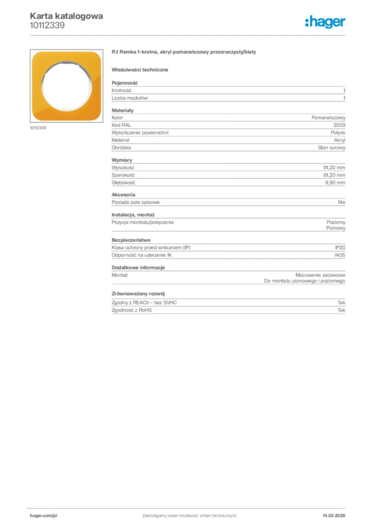 Zdjęcie Hager Karta katalogowa 10112339 | Hager Polska