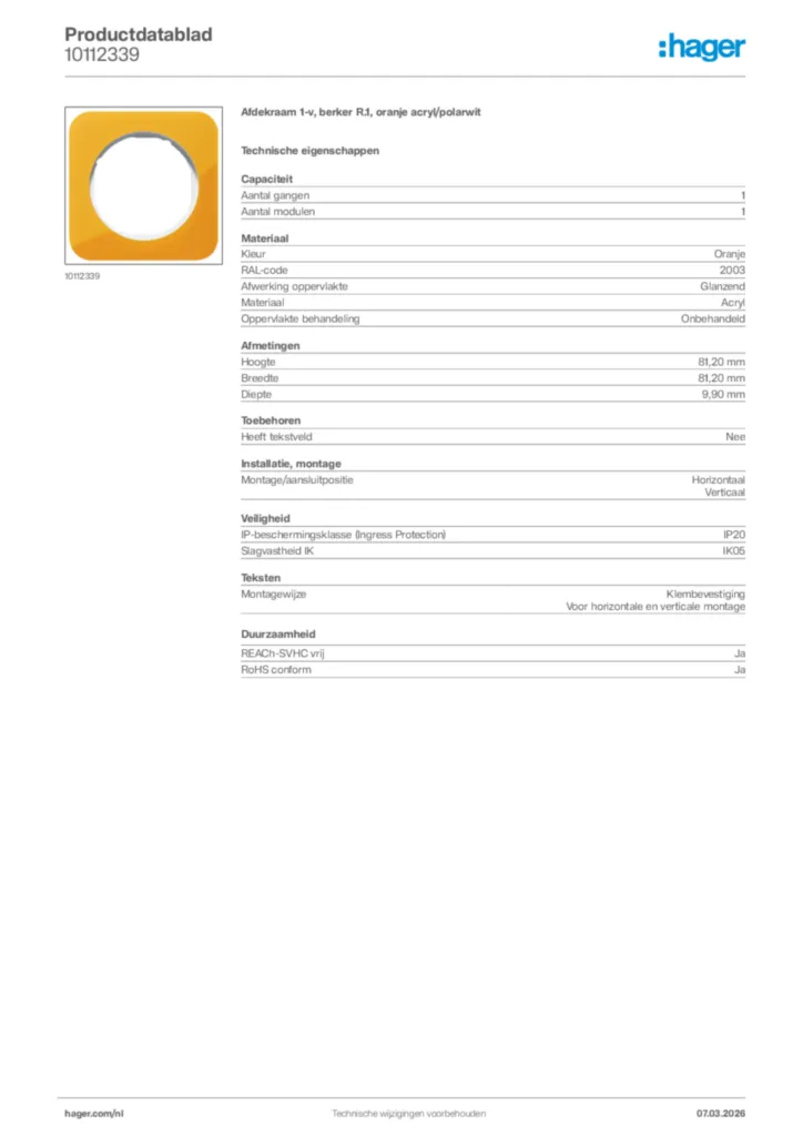 Afbeelding Hager Productdatablad 10112339 | Hager Nederland