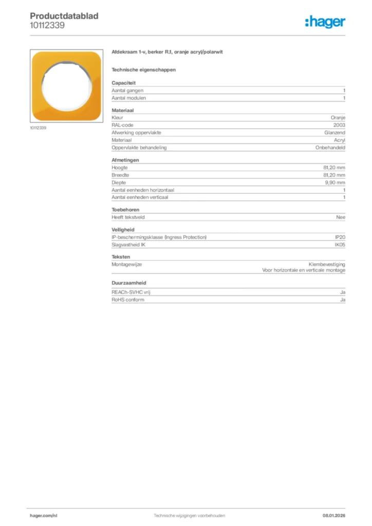 Afbeelding Hager Productdatablad 10112339 | Hager Nederland