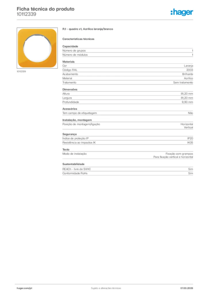 Imagem Hager Ficha técnica do produto 10112339 | Hager Portugal