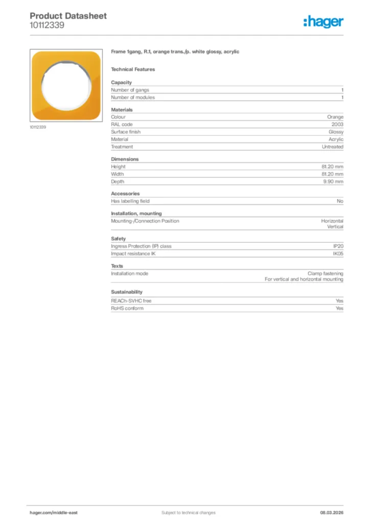 Image Hager Product data sheet 10112339  | Hager