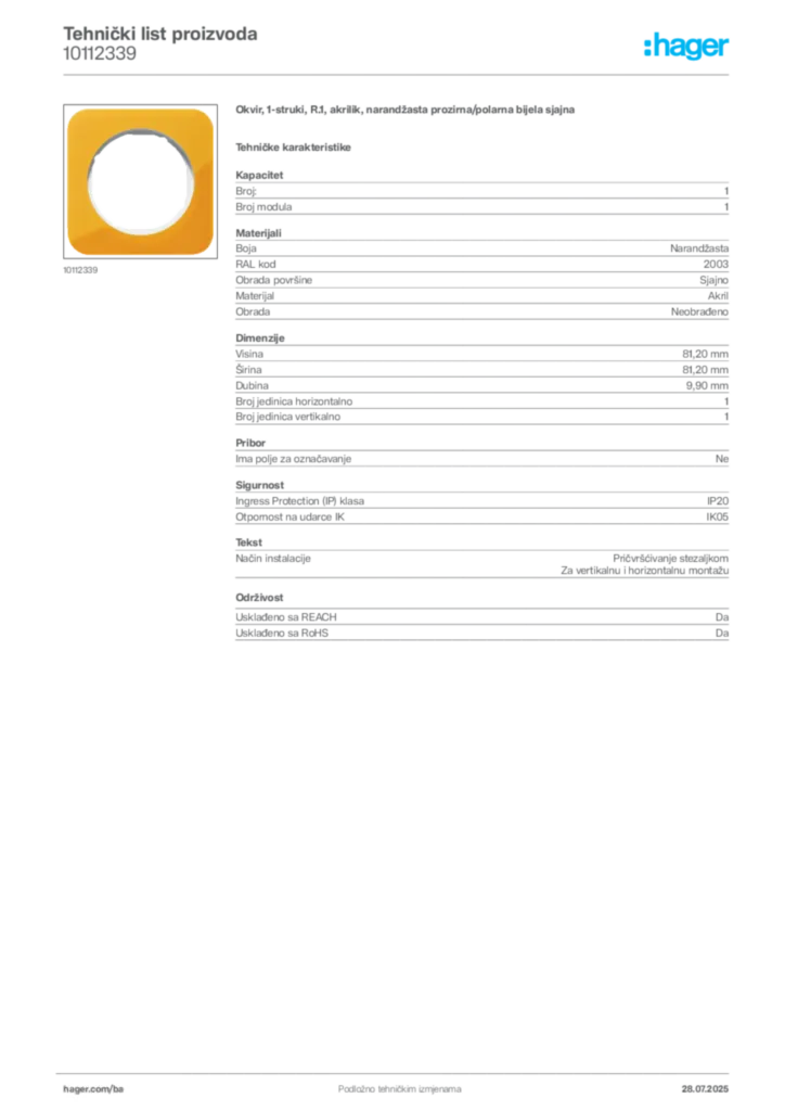 Slika Hager Product data sheet 10112339  | Hager