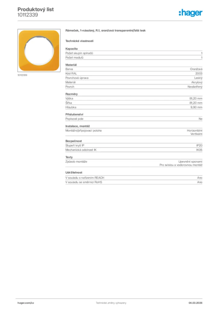 Obrázek Hager Product data sheet 10112339 | Hager