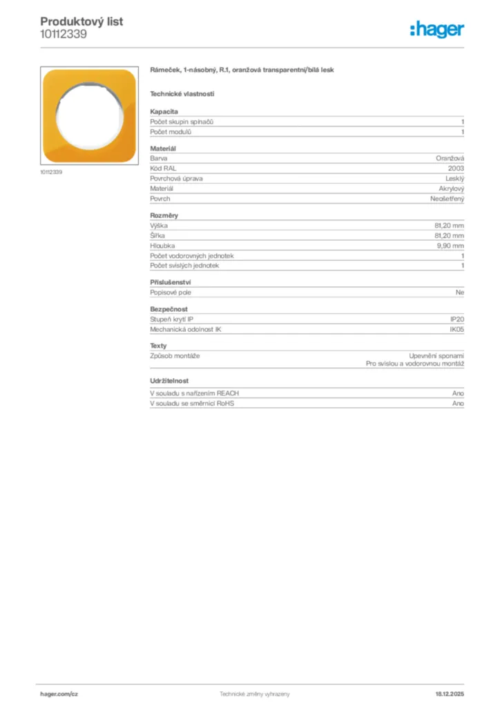 Obrázek Hager Produktový list 10112339 | Hager
