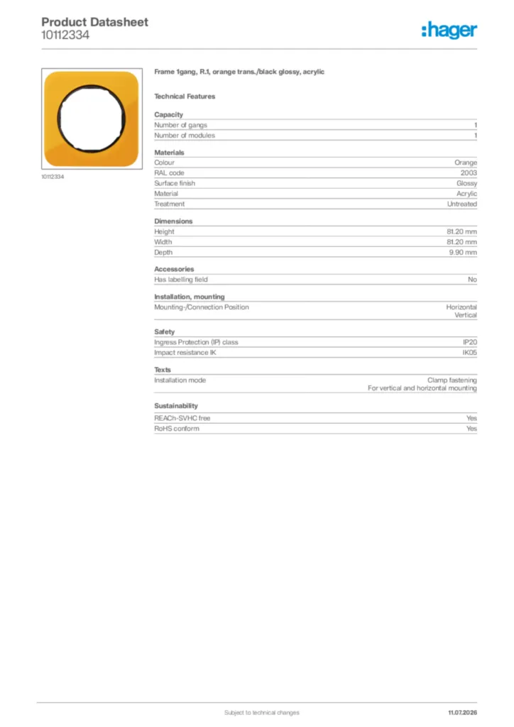 Image Hager Product data sheet 10112334  | Hager Africa