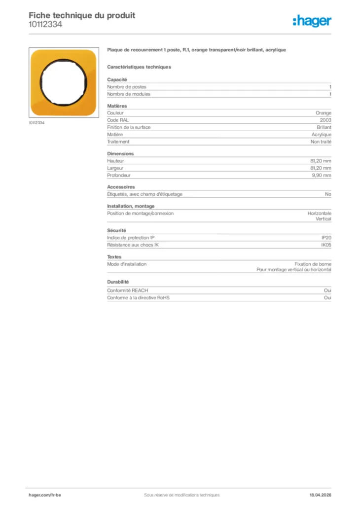 Image Hager Fiche technique du produit 10112334 | Hager Belgique