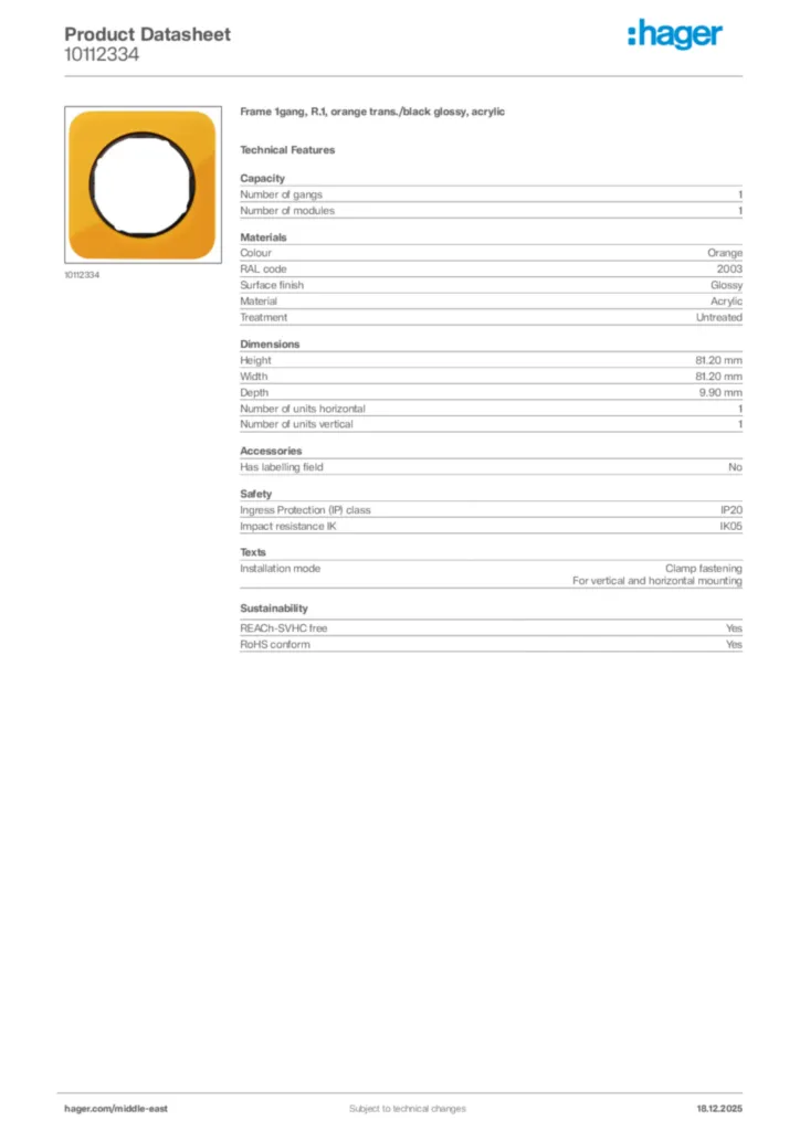 Image Hager Product data sheet 10112334  | Hager