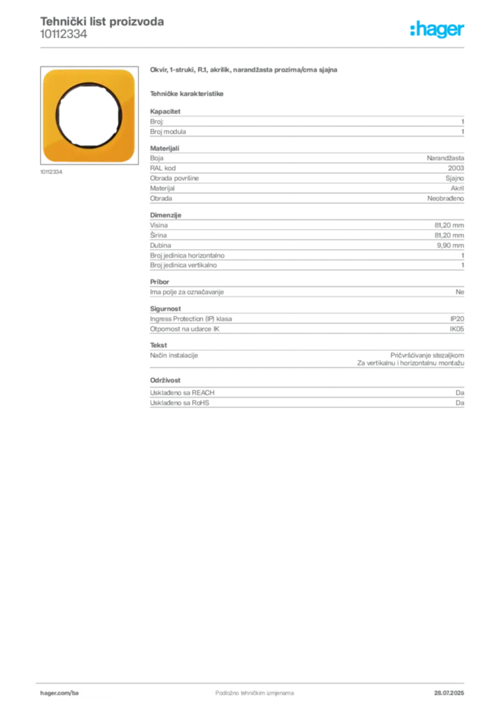 Slika Hager Product data sheet 10112334  | Hager