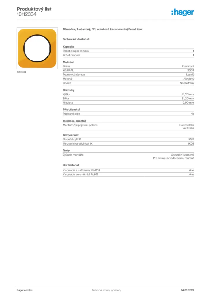 Obrázek Hager Product data sheet 10112334 | Hager