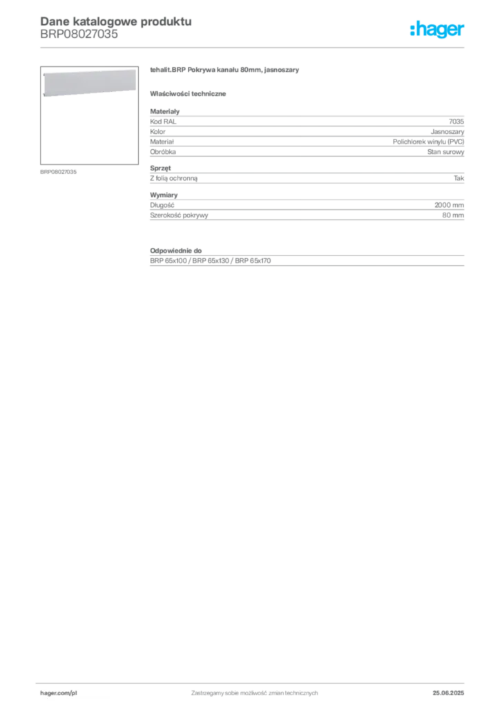 Zdjęcie Hager Karta katalogowa BRP08027035 | Hager Polska