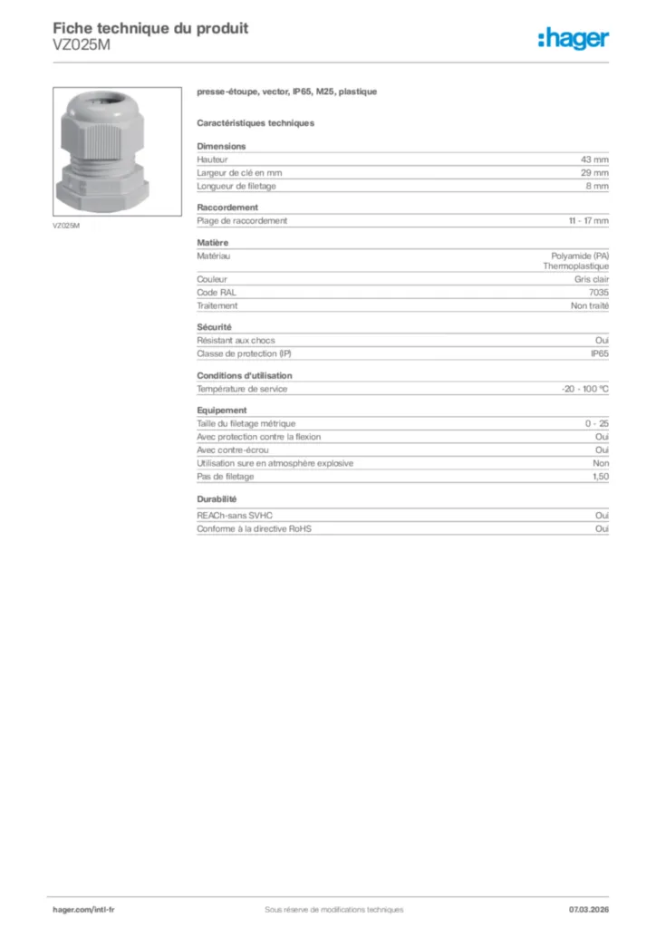 Image Hager Fiche technique du produit VZ025M | Hager Afrique