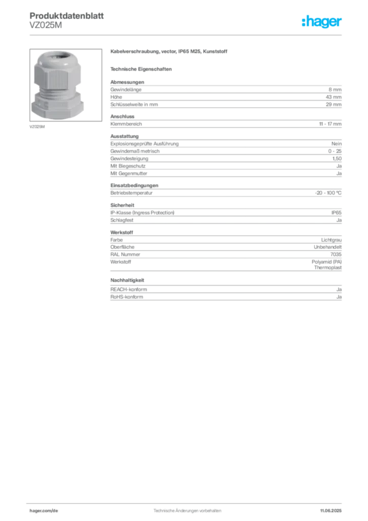 Hager Produktdatenblatt VZ025M