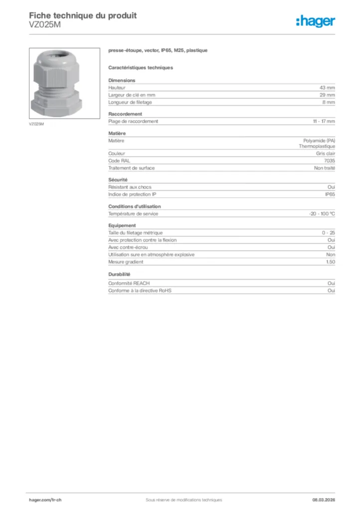 Image Hager Fiche technique du produit VZ025M | Hager Suisse