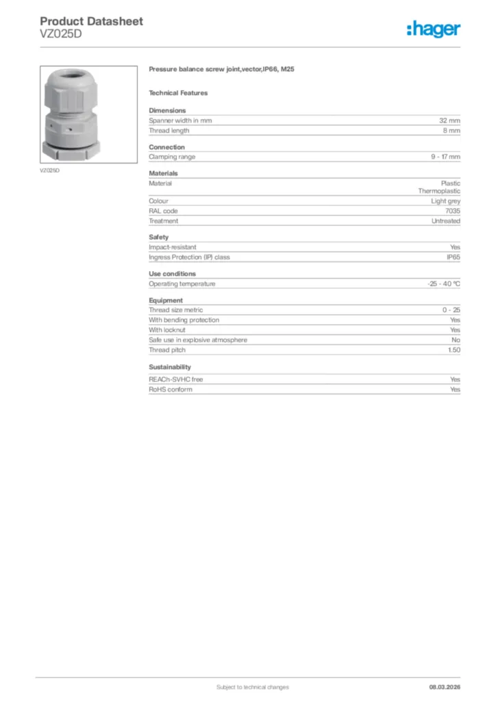 Image Hager Product data sheet VZ025D  | Hager Africa