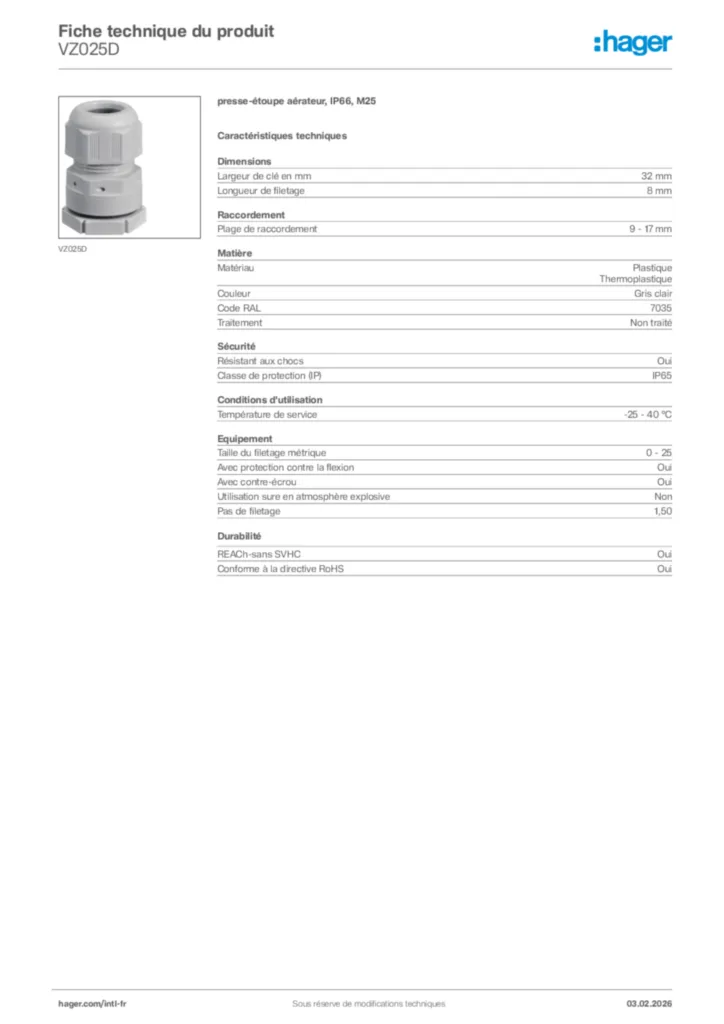 Image Hager Fiche technique du produit VZ025D | Hager Afrique