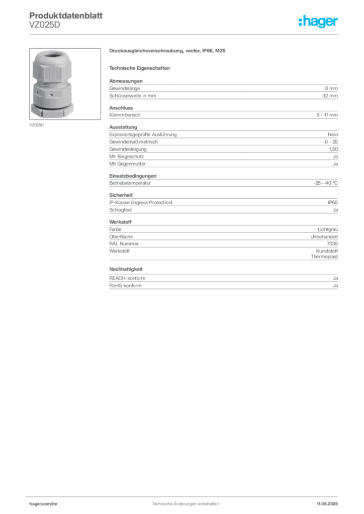 Hager Produktdatenblatt VZ025D