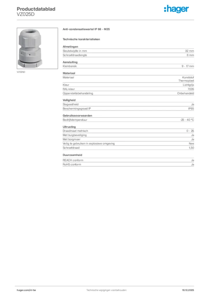 Afbeelding Hager Productdatablad VZ025D | Hager Belgium