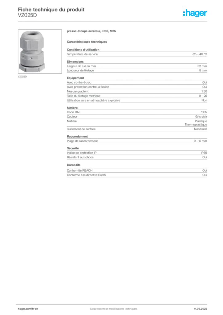 Image Hager Fiche technique du produit VZ025D | Hager Suisse